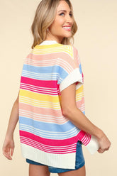 Haptics Women's Striped Side Slit Knit Top - Versatile Short Sleeve Style